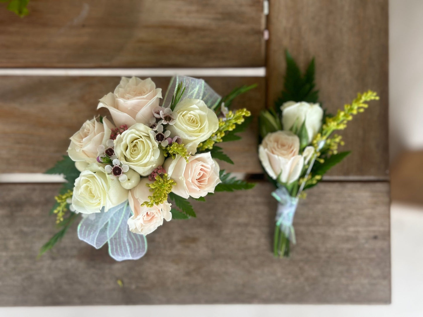 Cuff corsage + boutonniere - The Petal Parcel